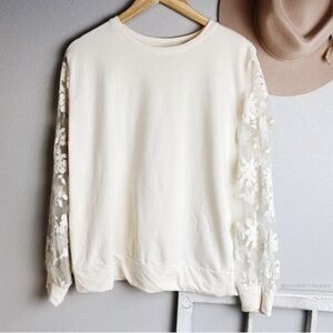 A New Day Cream Floral Lace Sleeve Crewneck Top Cottagecore Fairy 90s Y2K Sz M
